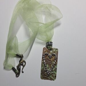 Patina Heart Pendant Necklace with Green Sheer Ribbon Chain